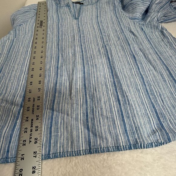 Tahari Womens Blue & White Striped 100% Linen V-Neck Bell Sleeve Blouse Top - Picture 6 of 6